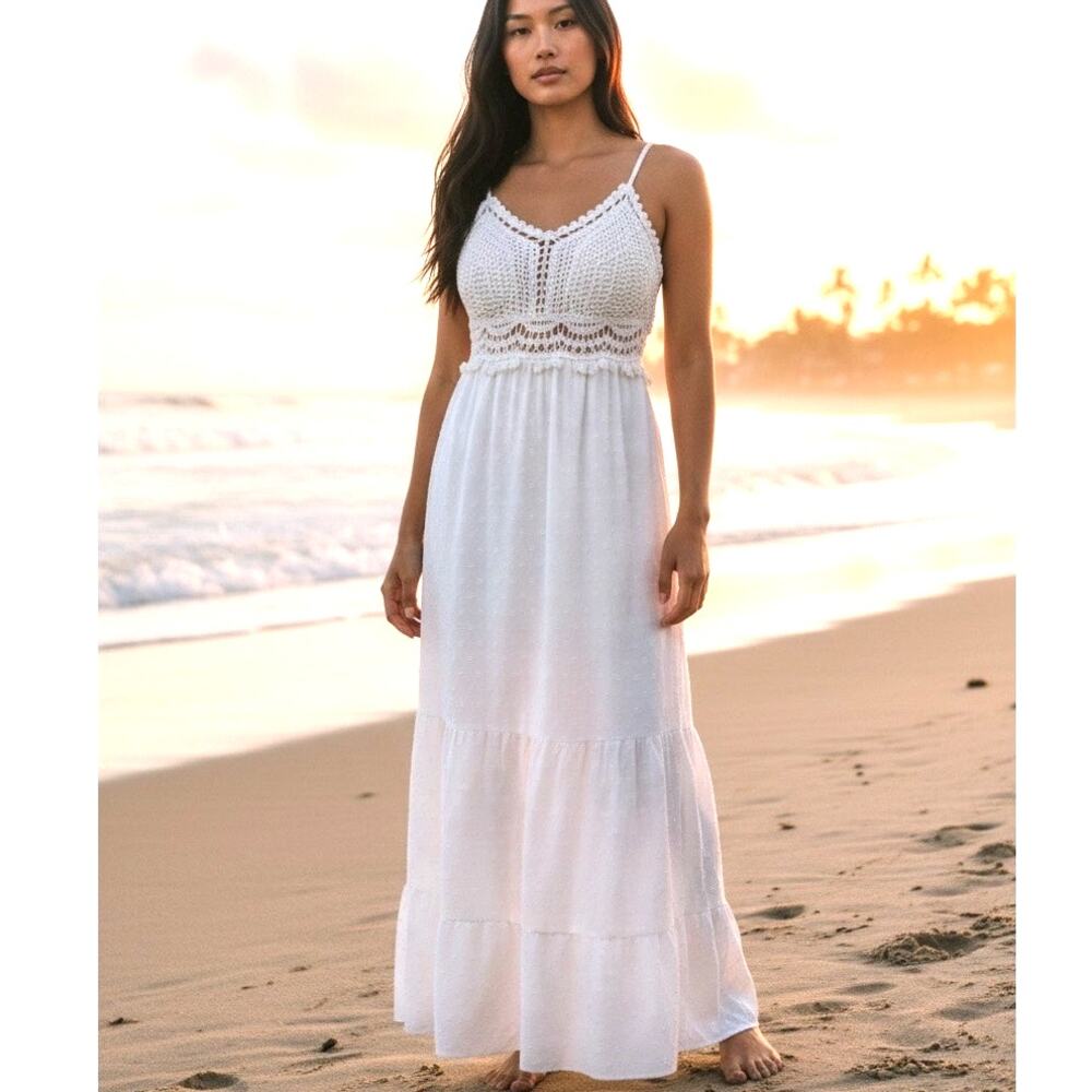 Crochet Midi Baby Doll Halter Dress Y2K Fairy White Shein Textured Tiered SZ SM